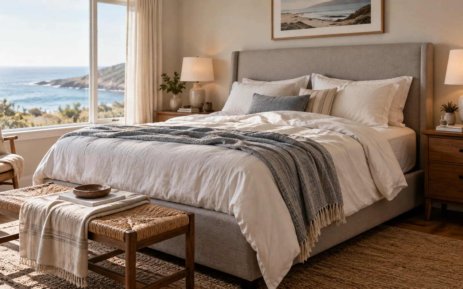 A complete fabric-covered bed with softly rumpled bedding, textured pillows, and practical furniture in a calm bedroom.