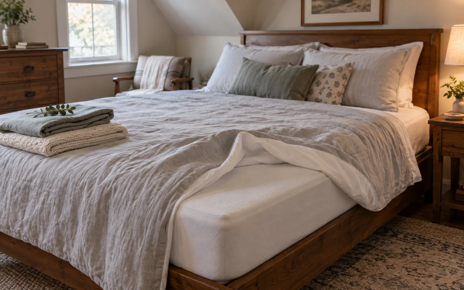A sheet corner turned back over a fabric-covered mattress surface, with folded spare bedding nearby.