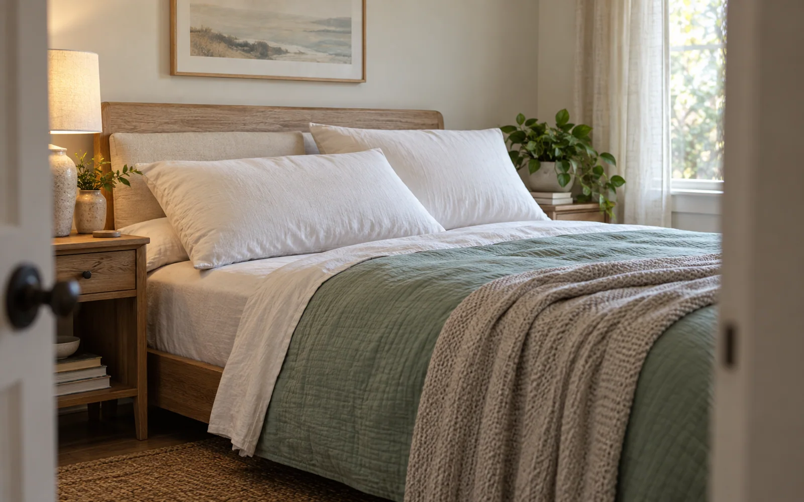 Fabric-covered sleeping pillows with different shapes and lofts arranged on a softly made bed.