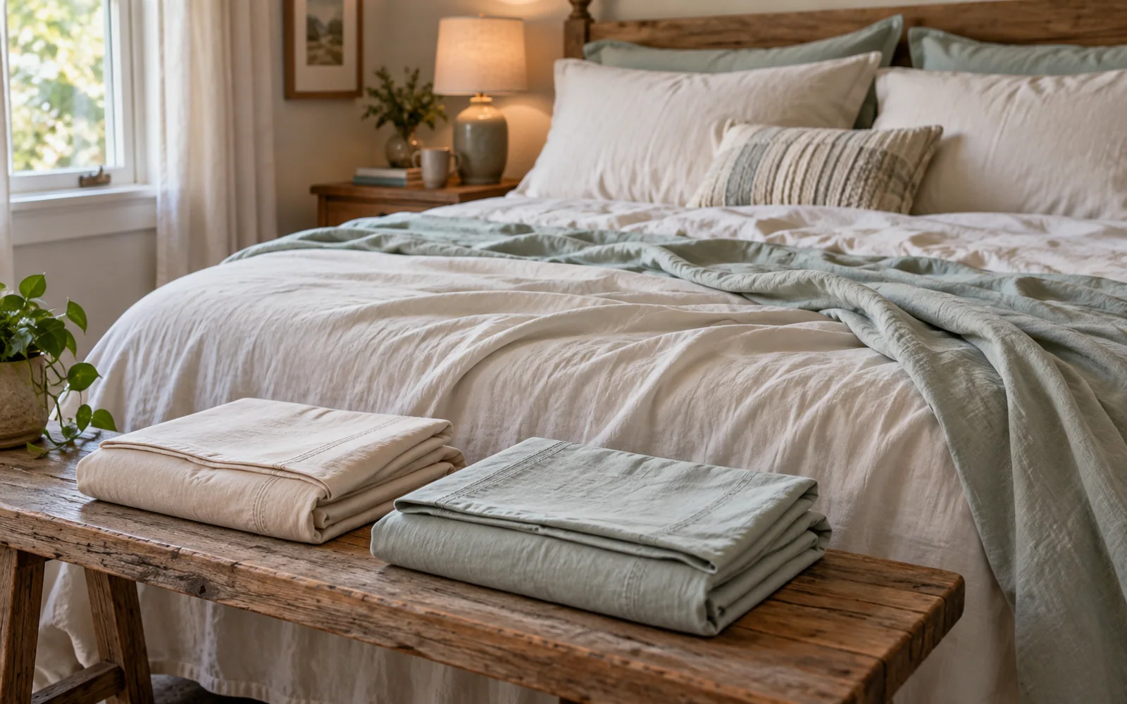 Naturally rumpled sheets and folded pillowcases on a softly made bed with a wooden bench nearby.