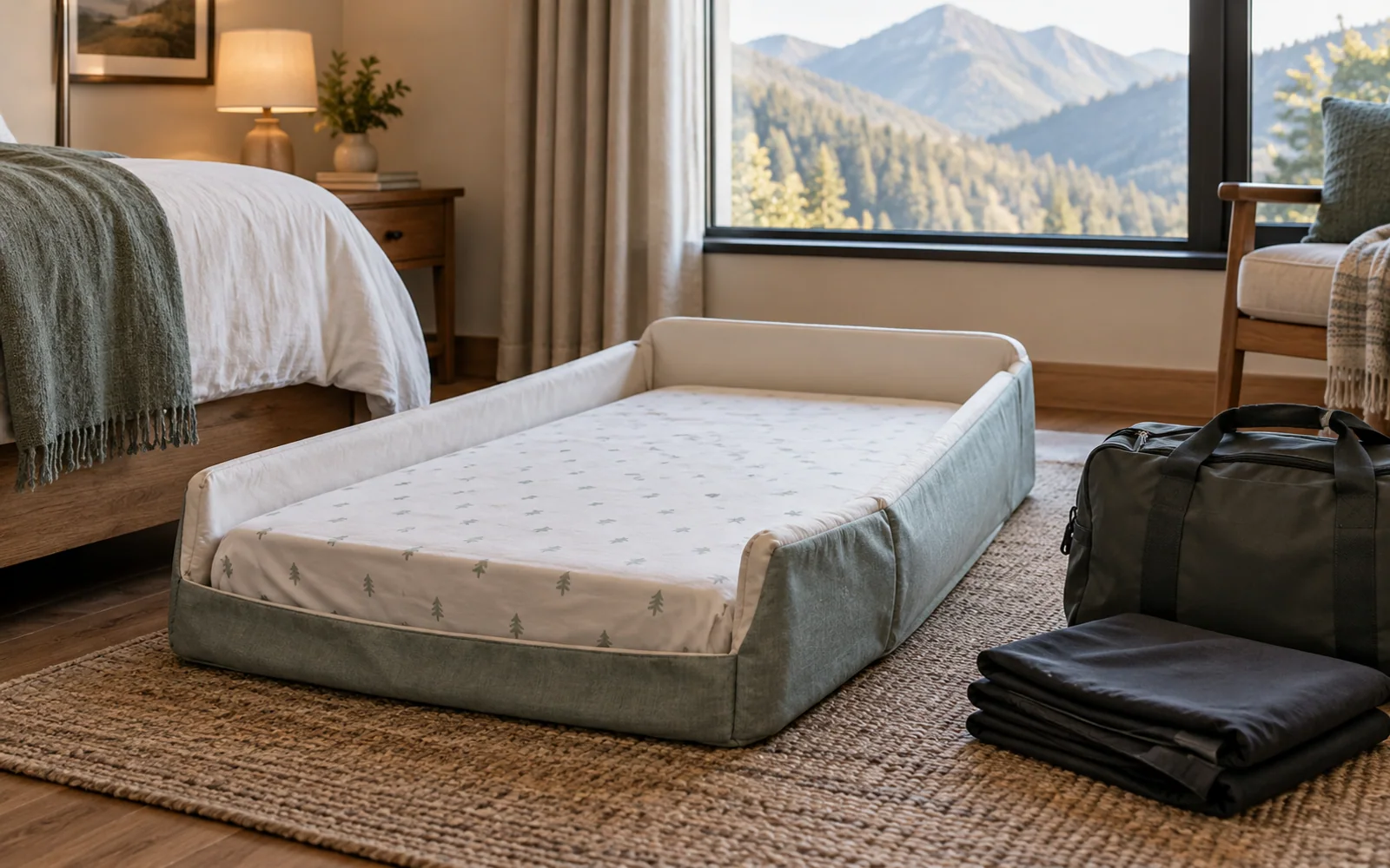 A small travel bed with fitted bedding beside a packed bag and folded blankets in a quiet bedroom.
