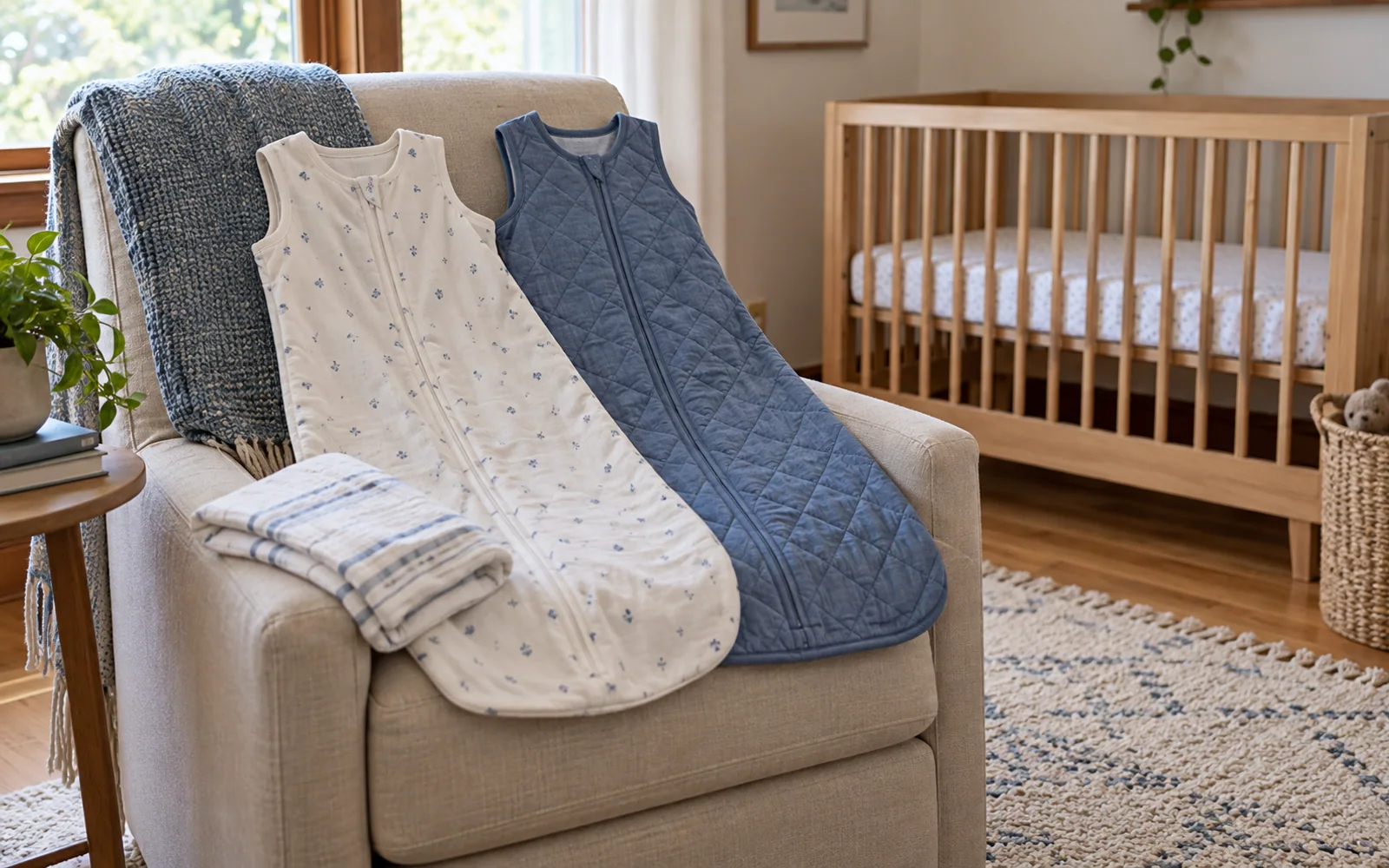 Softly folded nursery textiles draped over a reading chair beside an empty wooden crib in a calm room.