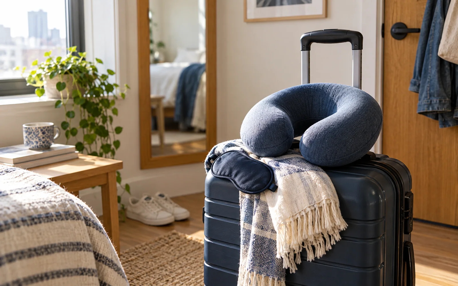 A fabric-covered neck pillow with a carry-on suitcase and folded travel accessories in a quiet hotel-room corner.