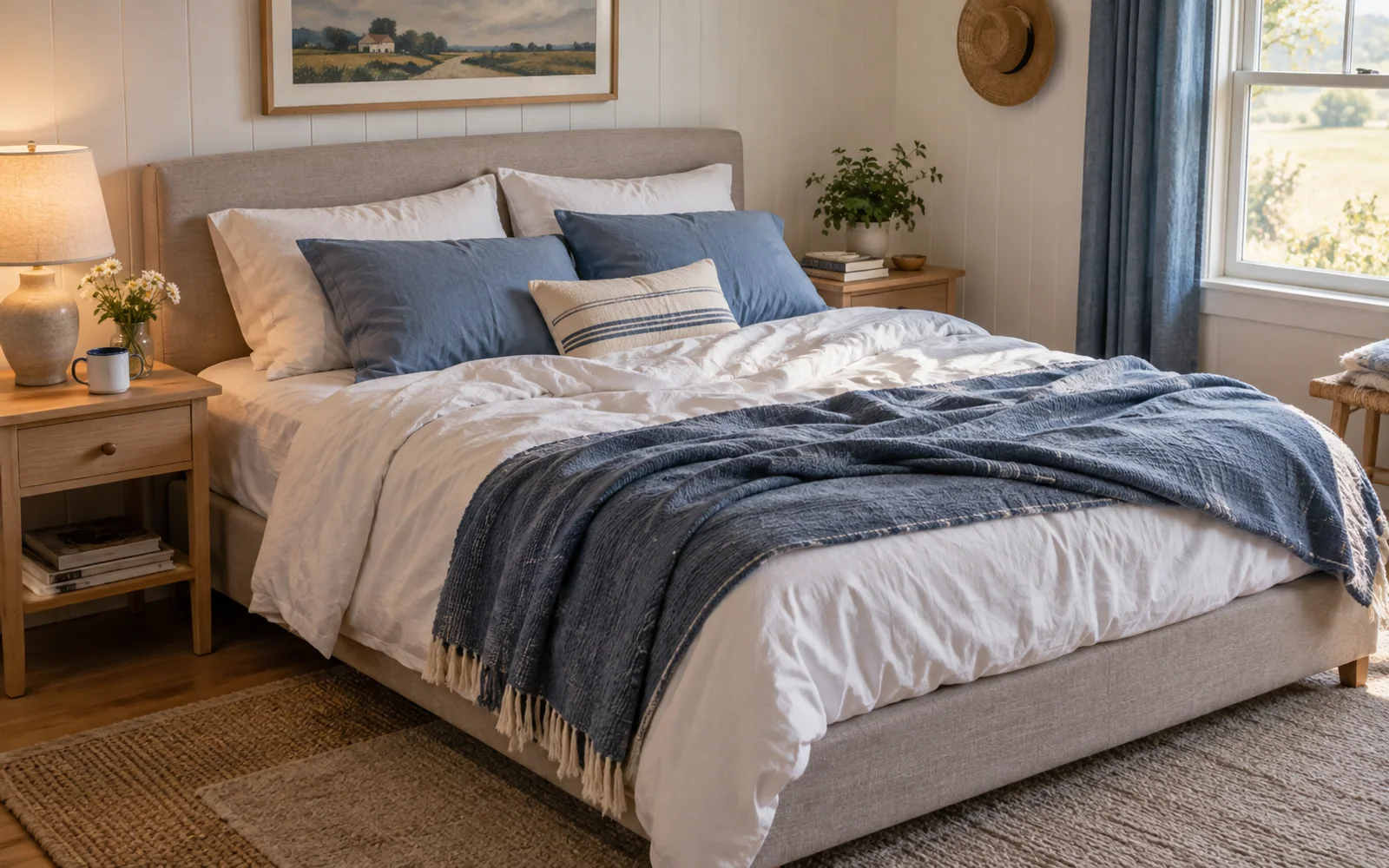 A complete fabric-covered bed with softly rumpled bedding, textured pillows, and practical furniture in a calm bedroom.