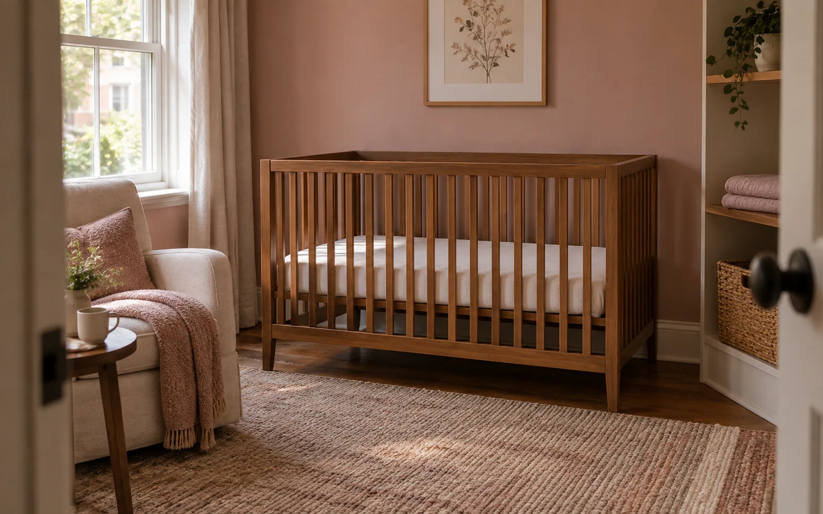 An empty wooden crib with a flat fitted sleep surface beside a reading chair in a softly lit nursery.