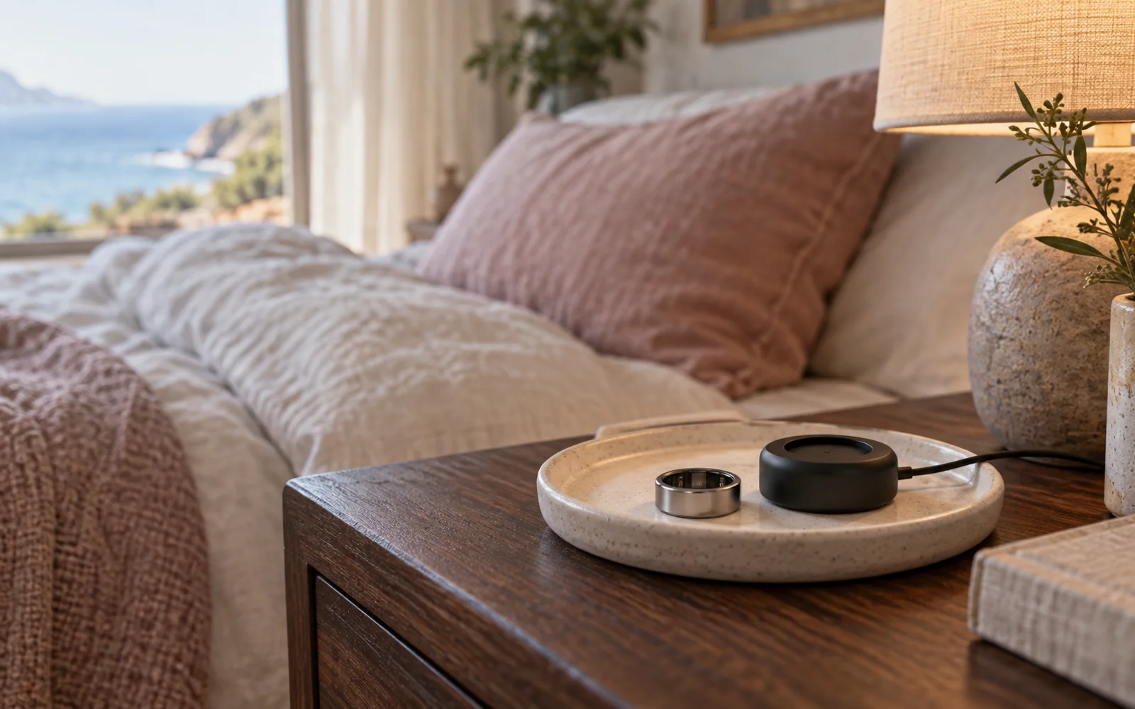 A simple metallic ring and a compact charging accessory on a bedside dish beside soft pillows and a lamp.