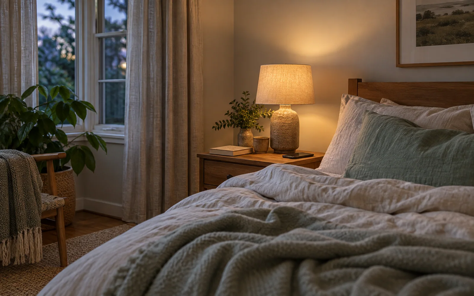 A softly made bed with a warm bedside lamp and a closed book in a quiet evening bedroom.