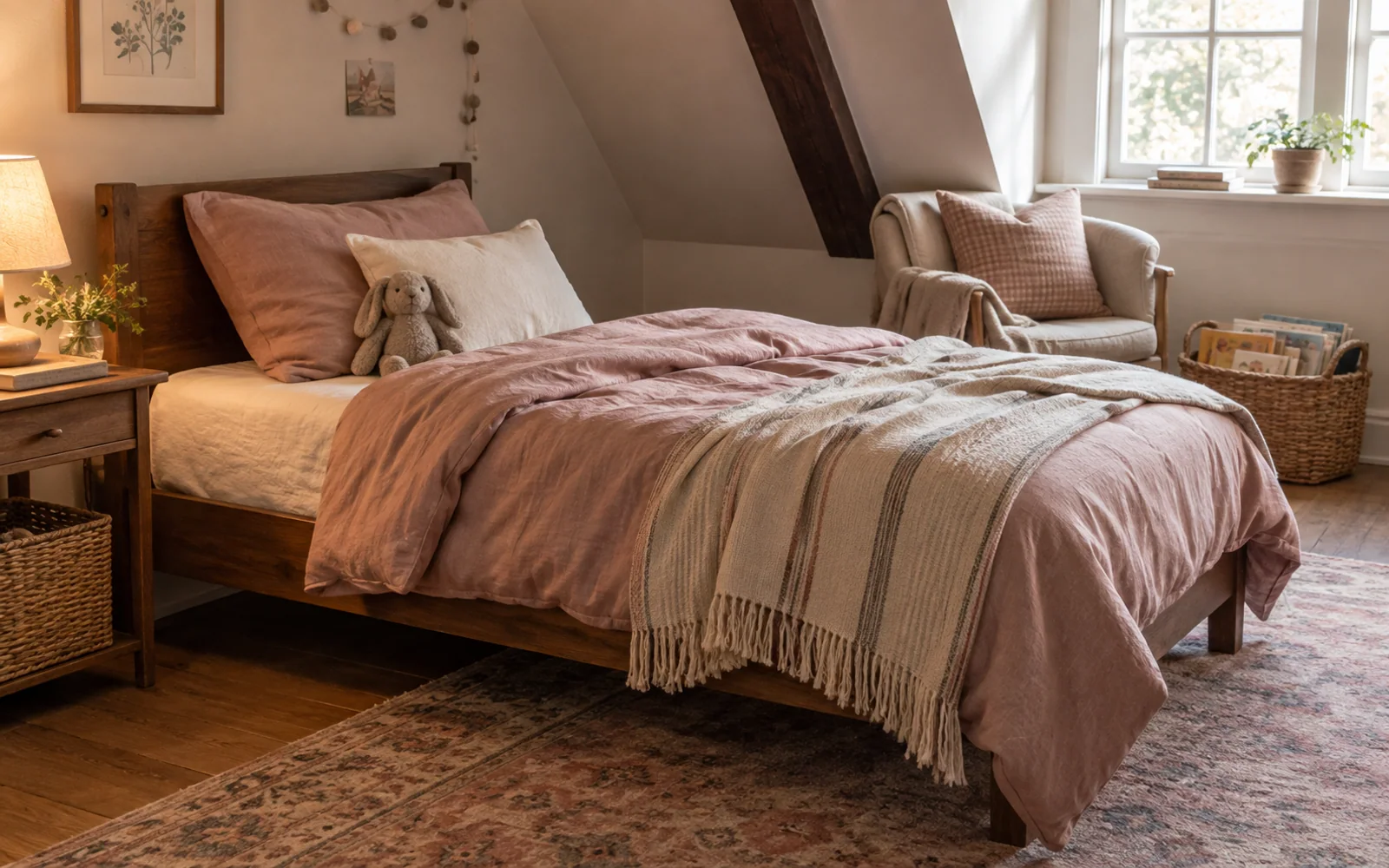 A small bed with cotton bedding, nearby books, and soft bedroom textiles in an inviting child's room.