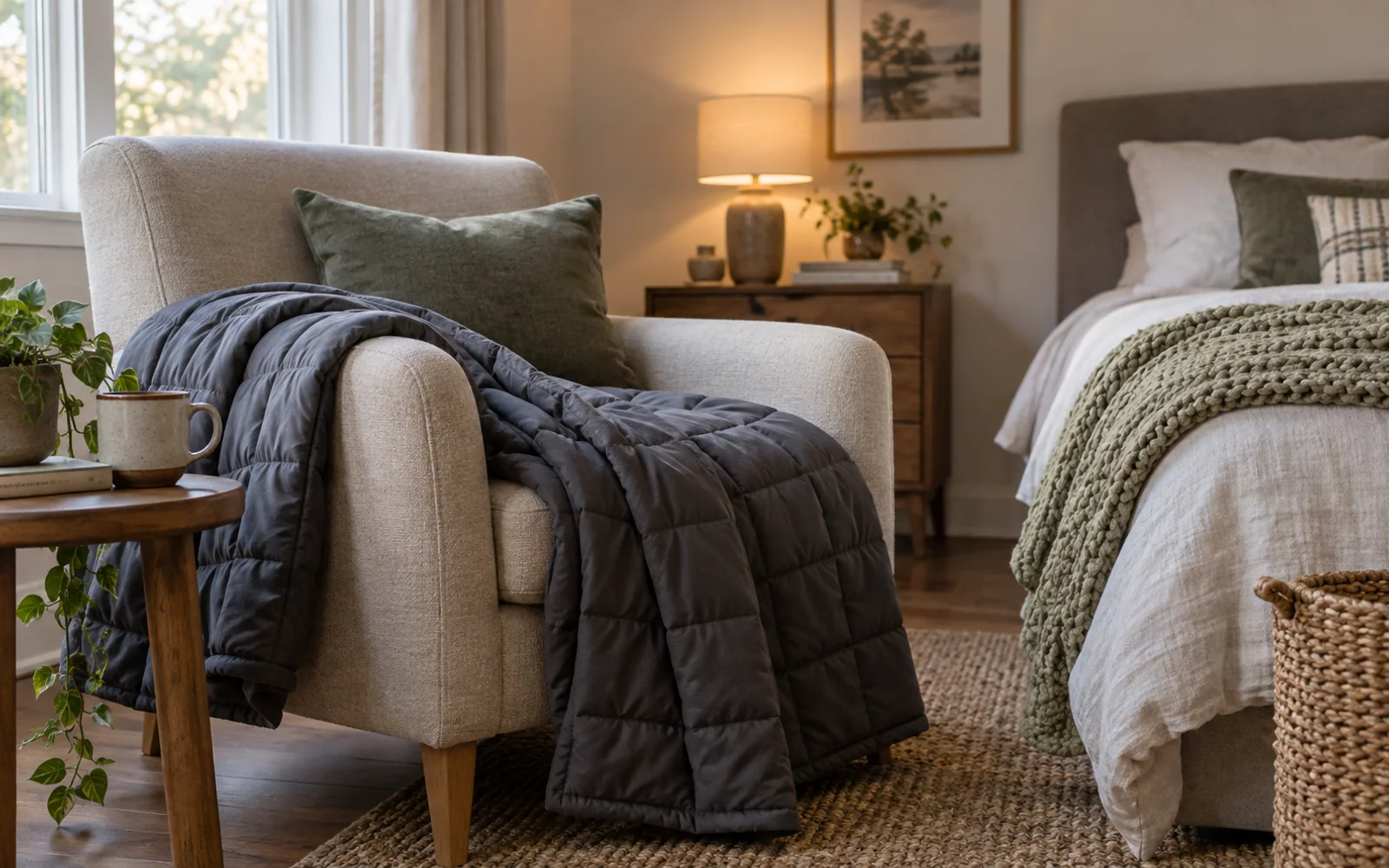 A quilted blanket draped over a reading chair and a chunky knit blanket folded beside a softly made bed.