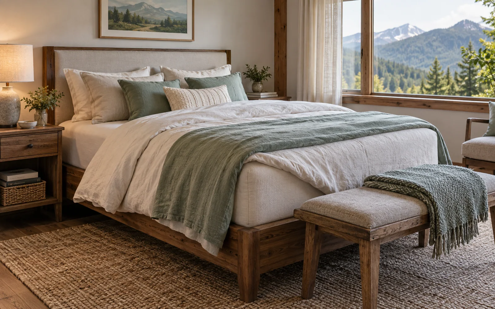 A complete fabric-covered bed with softly rumpled bedding, textured pillows, and practical furniture in a calm bedroom.