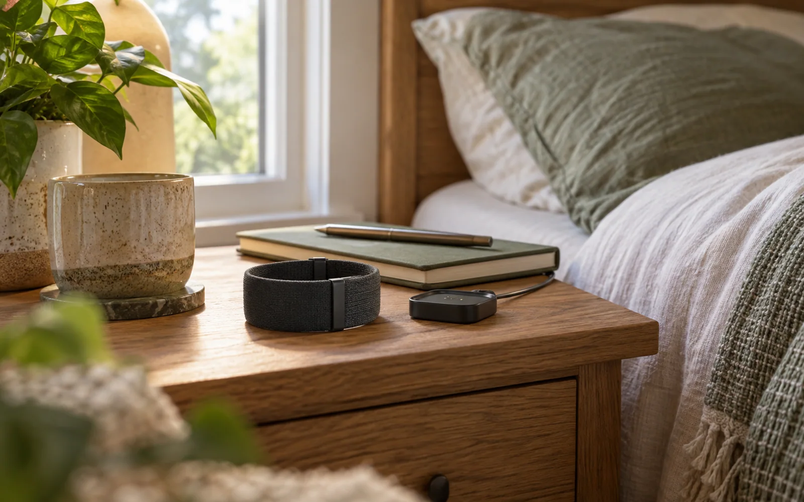 A fabric wrist band and compact charging accessory on a bedside table beside a notebook and restful bedding.