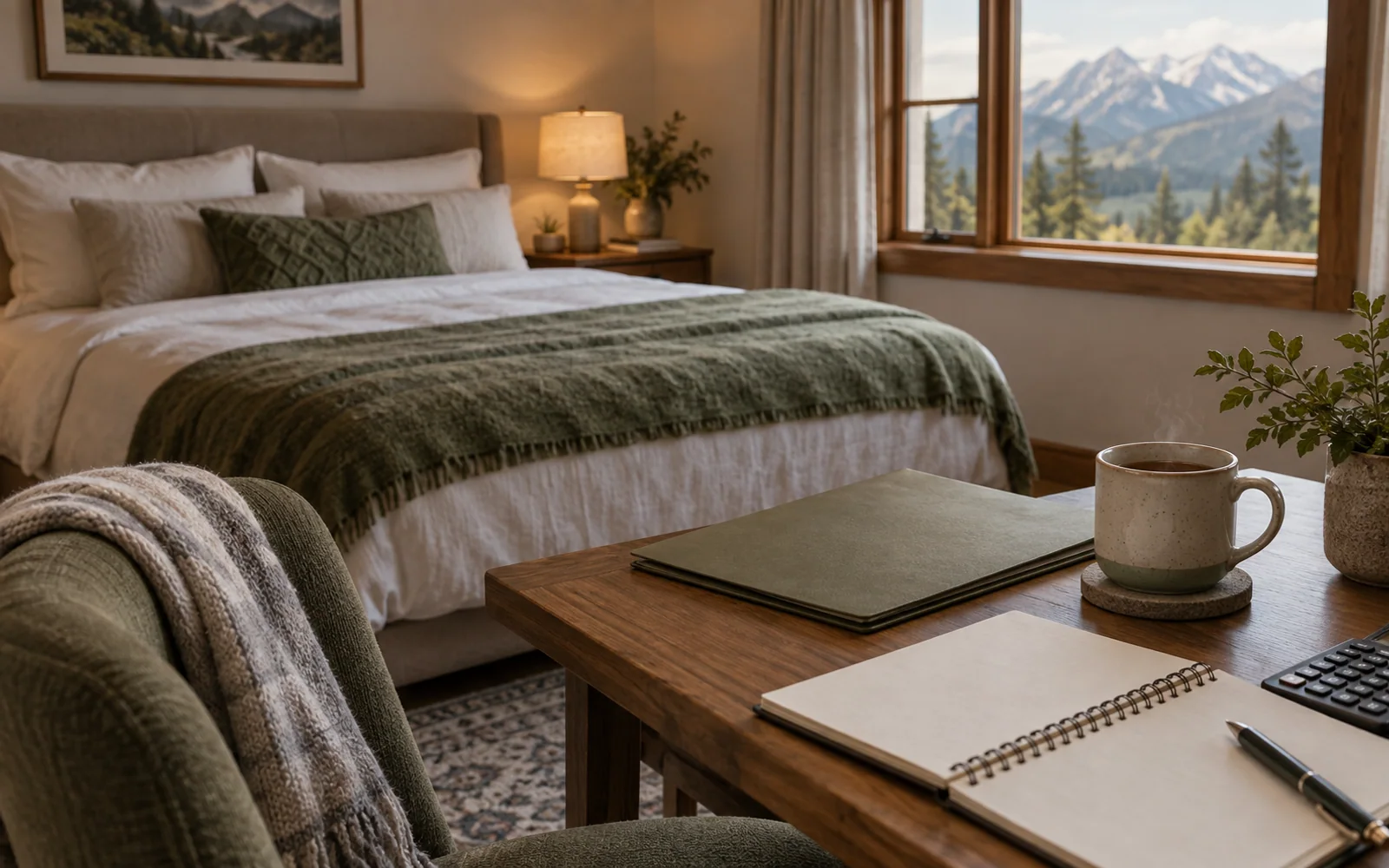 A notebook, folder, and calculator on a bedroom side table, with a softly made bed in the background.