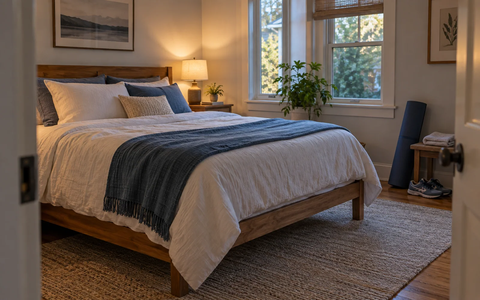 A softly made bed beside a quiet bedroom corner with exercise shoes, a rolled mat, and a folded towel.