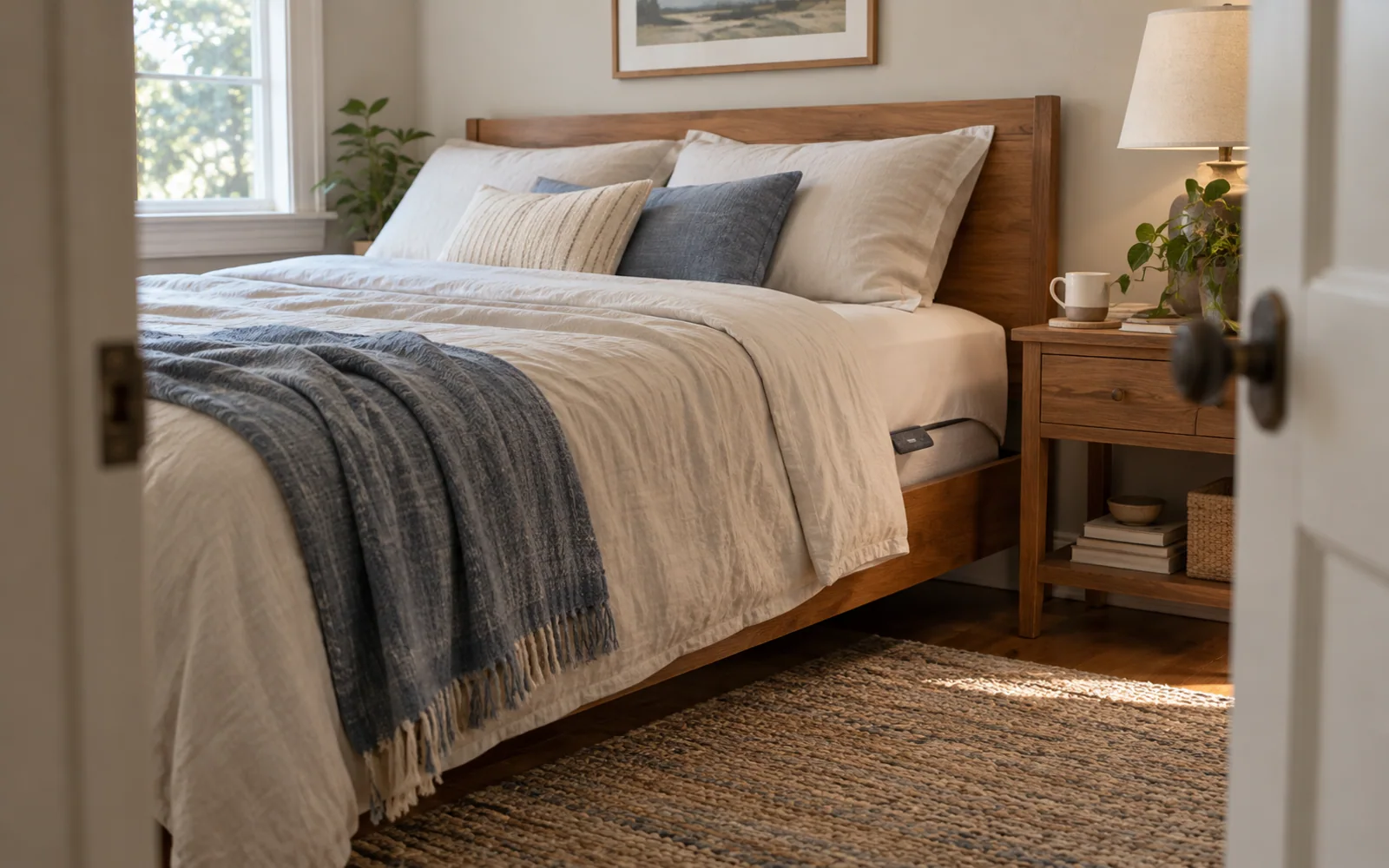 A slim fabric sensor edge visible beneath a covered mattress beside a tidy bedside table and soft bedding.
