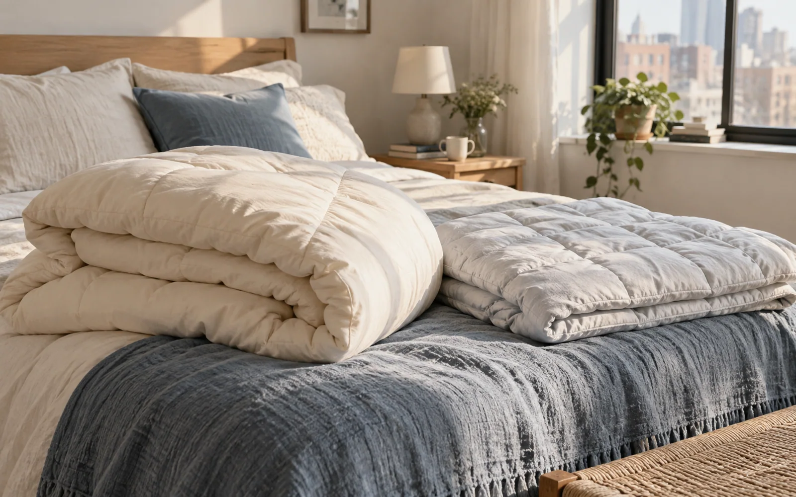 Folded cream bedding and a lighter quilt on the foot of a bed, with soft pillows and natural window light.