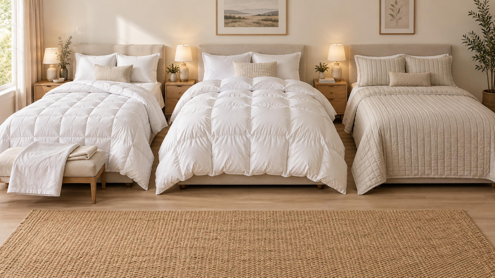 Three beds demonstrating a down-alternative duvet insert, a lofty natural down comforter, and a low-profile quilt