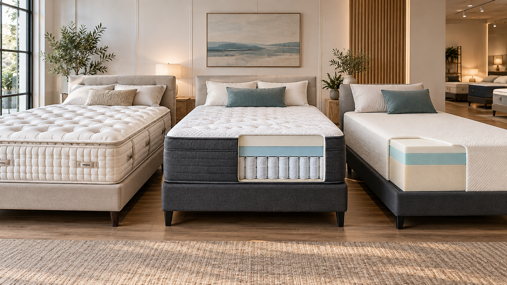 Generic innerspring, hybrid, and foam mattress constructions in an empty showroom