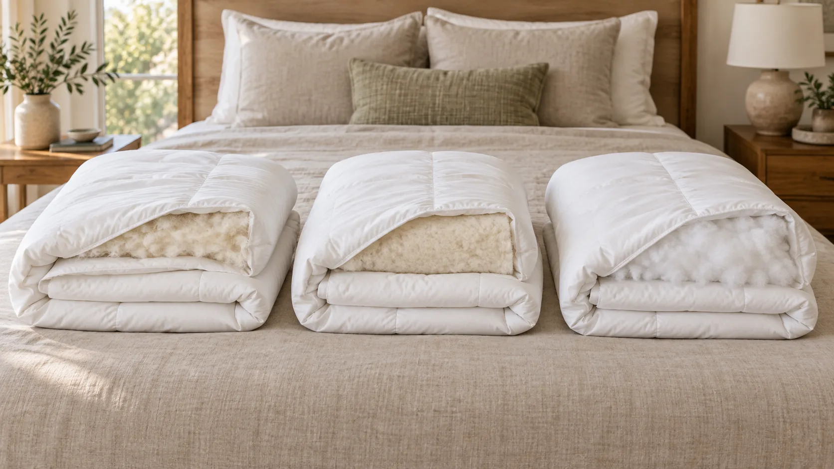 Demonstration of light wool, heavier wool, and fluffy down-alternative comforter fills