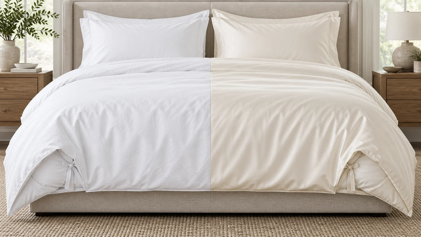 Demonstration of crisp white percale and smoother ivory sateen duvet cover textures on one bed