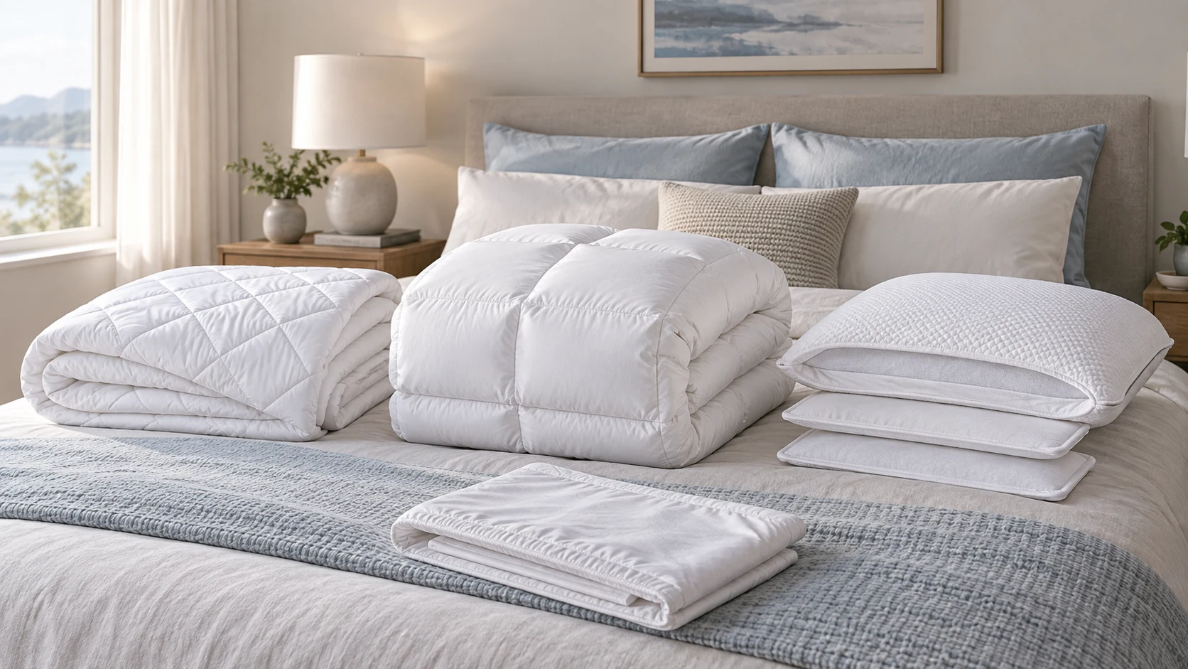 Editorial bedding comparison with a lightweight quilted comforter, a loftier comforter, an adjustable pillow with removable inserts, and a folded mattress protector