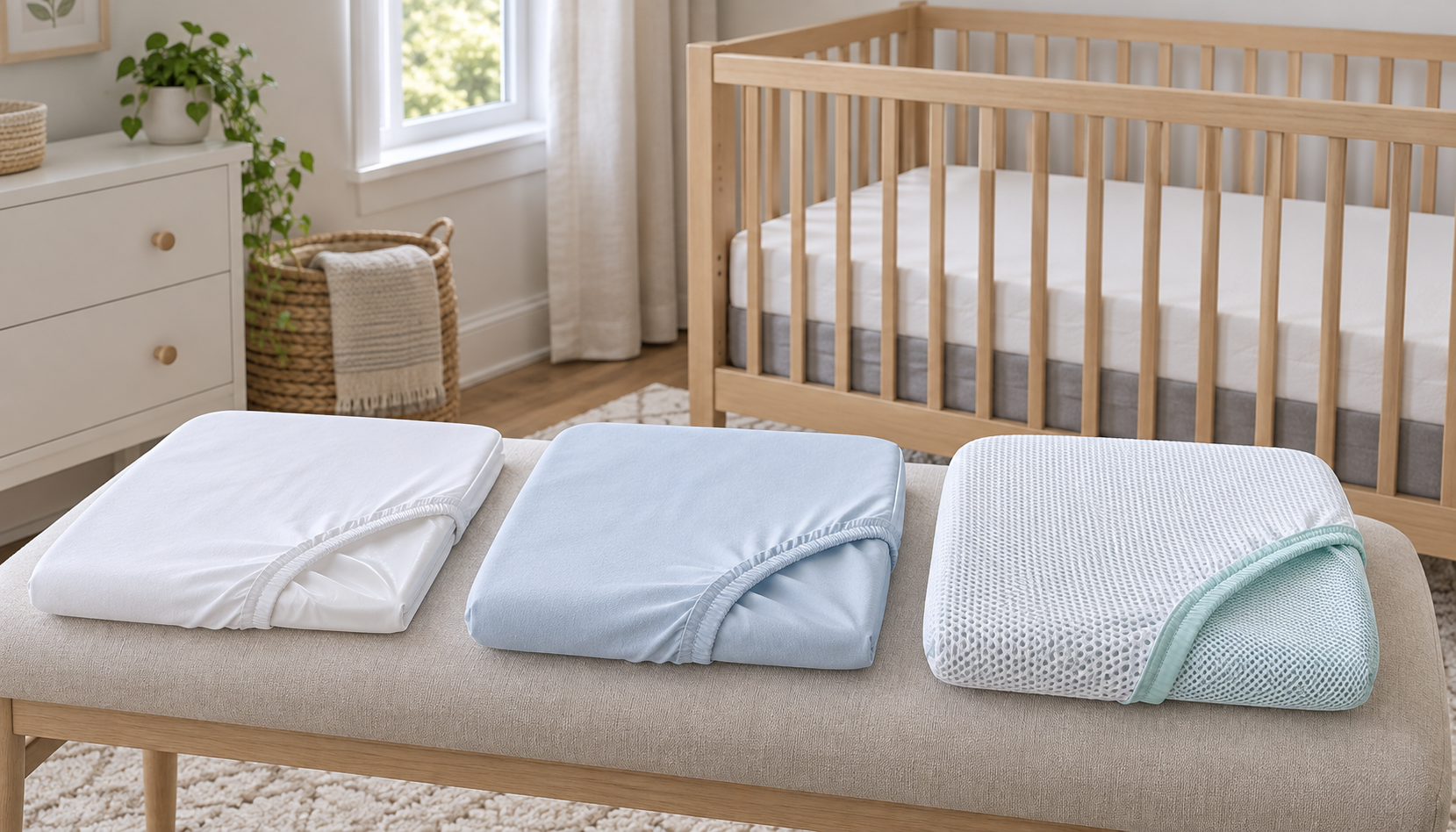 Three fitted crib protector samples illustrating moisture-wicking, heat-dispersing, and raised airflow constructions beside an empty crib