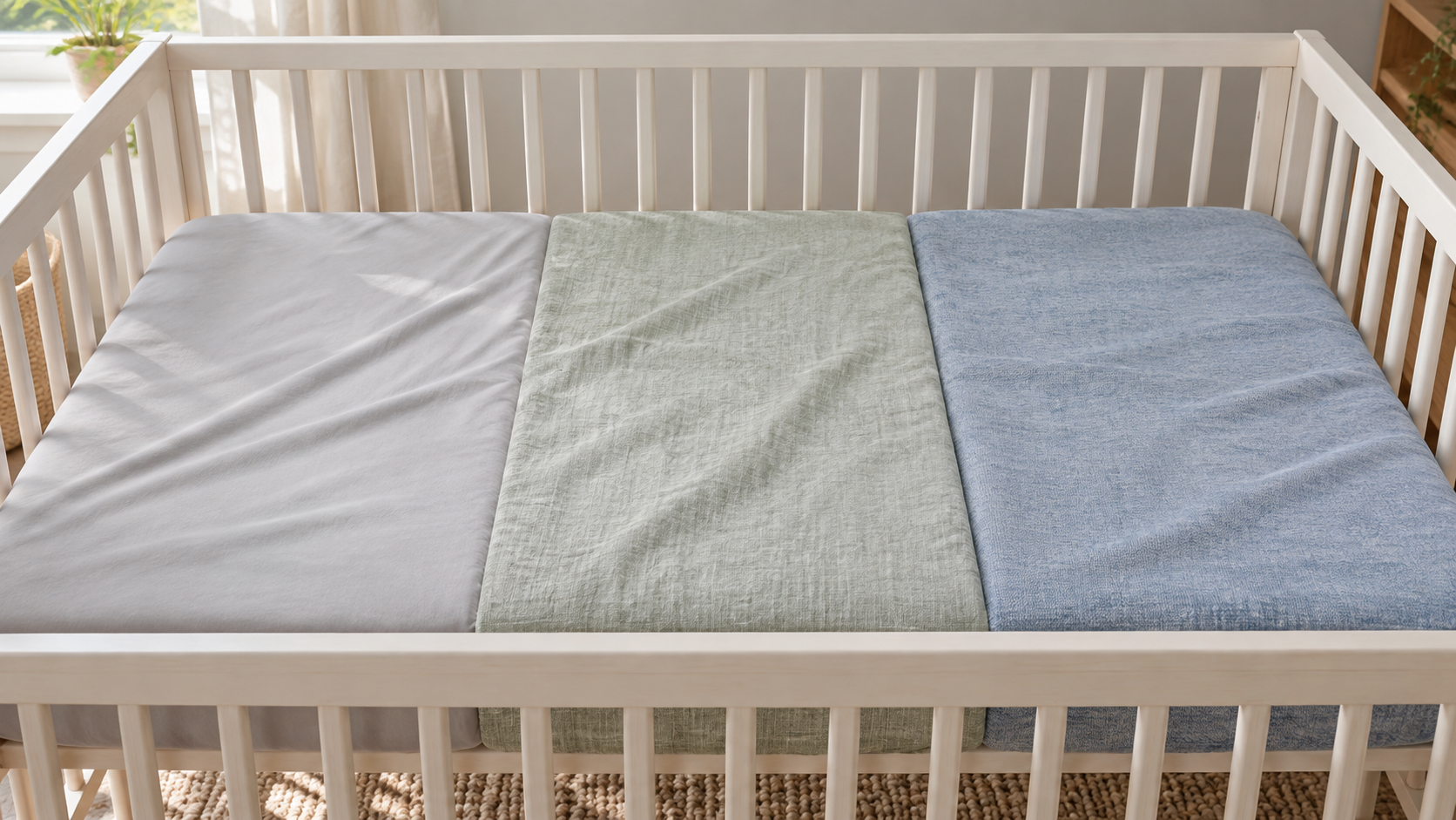 Three fitted crib sheet material samples illustrating a smooth performance knit, relaxed bamboo-linen texture, and cozy wool-blend texture in an empty crib