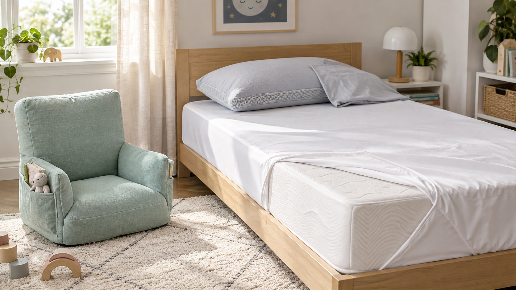 Child's bedroom concept with a low-profile mattress, fitted protector, youth pillow, and mint reading backrest