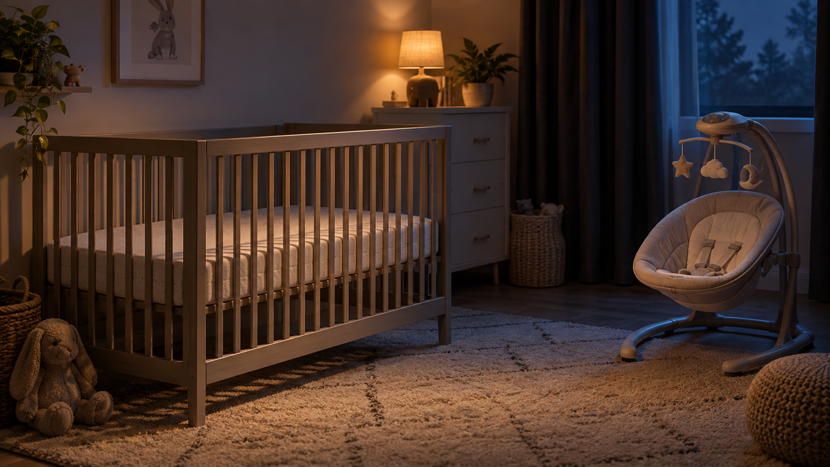 Empty firm crib beside a separate unbranded infant soothing swing in a nighttime nursery