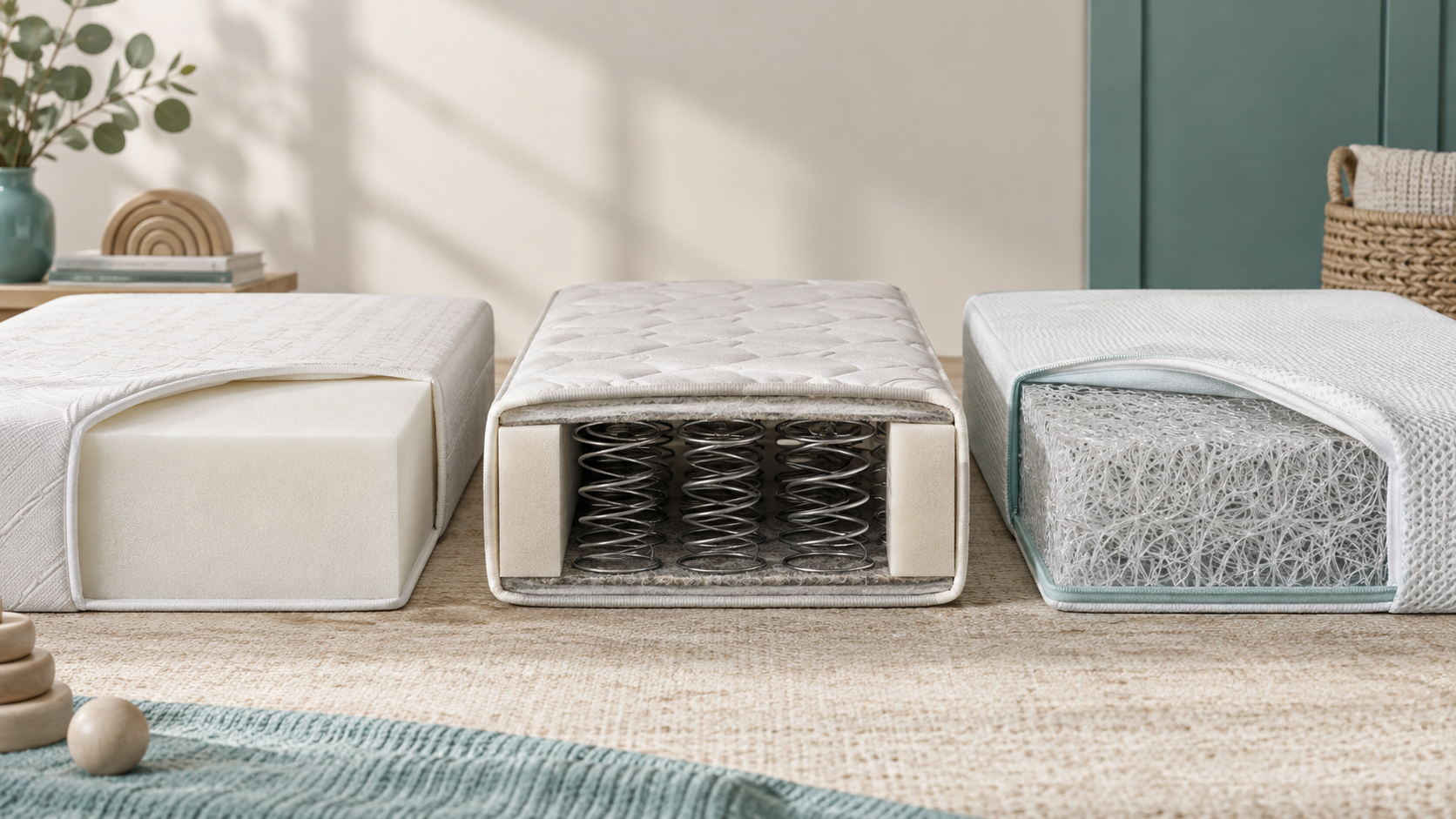 Generic foam, innerspring, and washable open-structure crib mattress cutaways