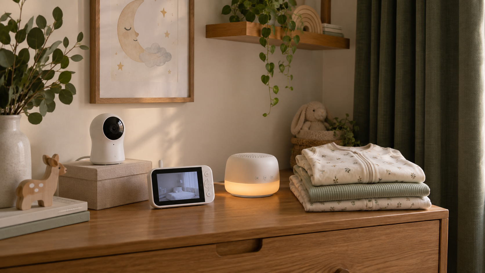 Generic nursery monitor, sound machine, sleep sacks, and blackout curtains arranged on a dresser