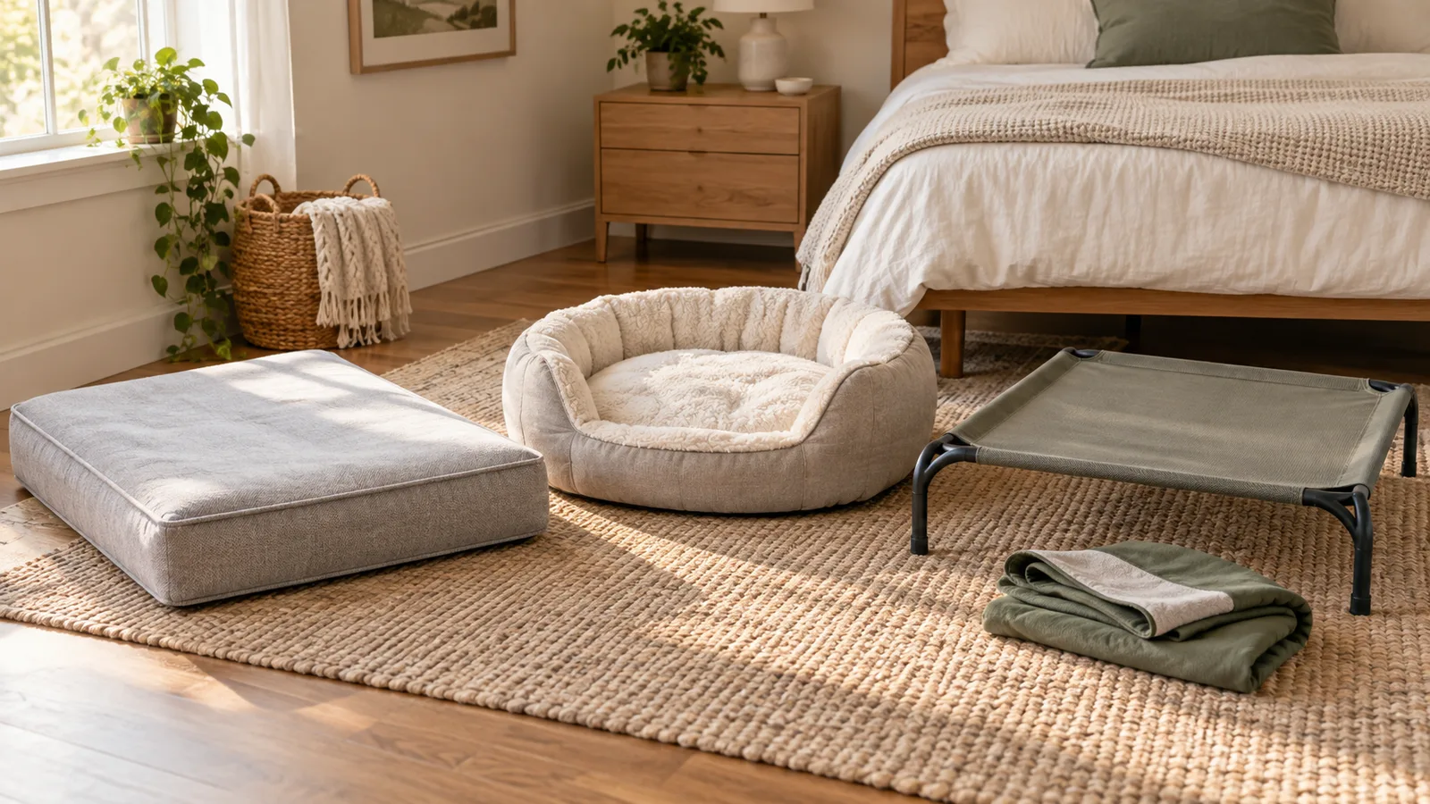 Editorial comparison of a flat foam dog bed, bolstered dog bed, and elevated dog cot