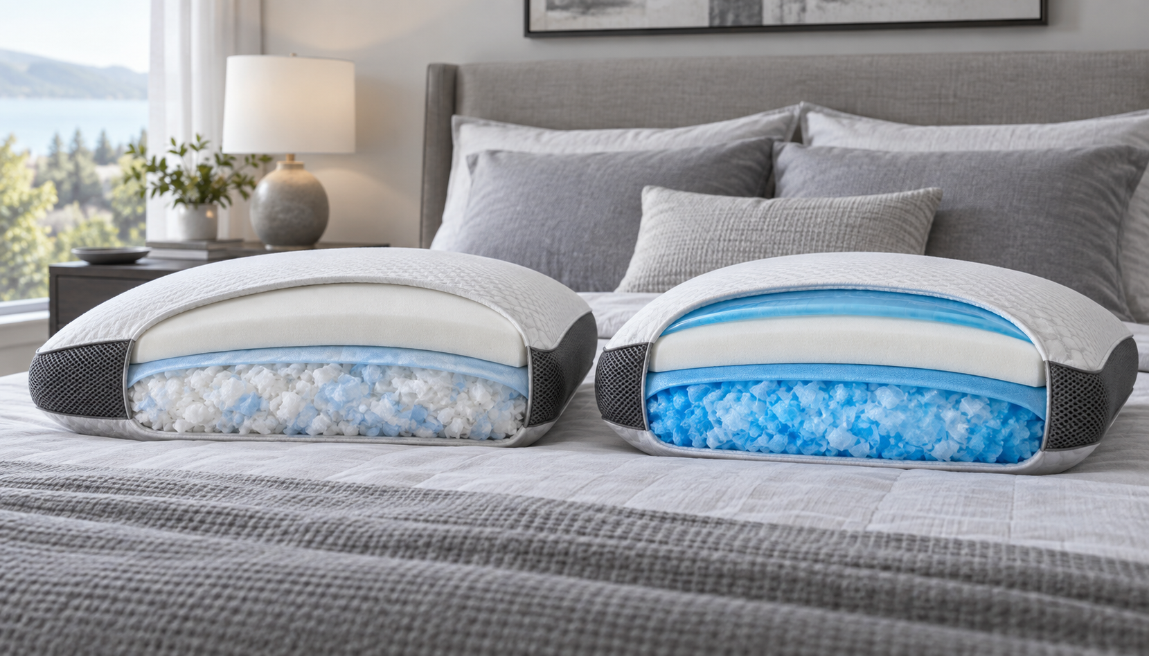 Demonstration comparing a dual-sided pillow with internal cooling around the softer fill to one that also adds cooling gel at the firmer foam crown
