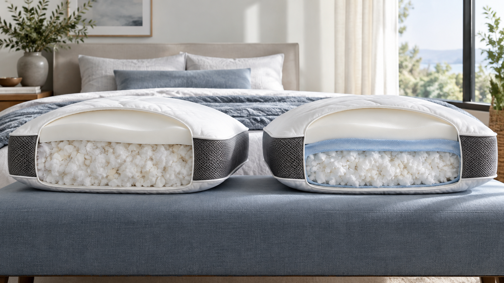 Demonstration comparing two ventilated dual-sided pillows, one with an added internal cooling sleeve