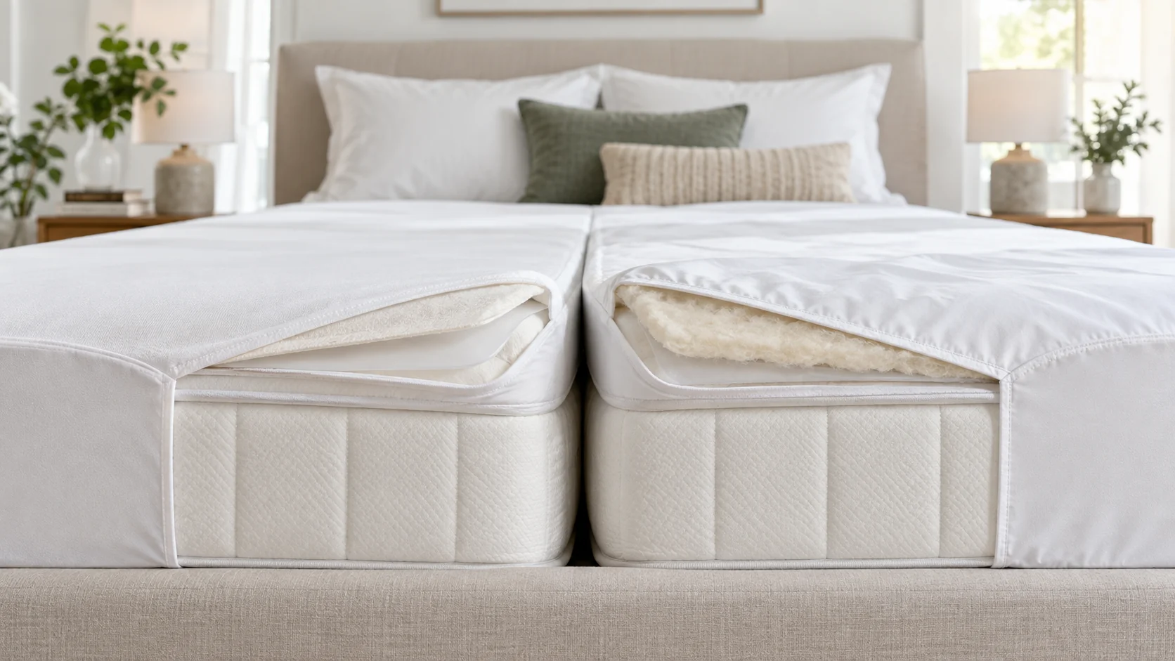 Wool fill and organic cotton textile materials shown side by side