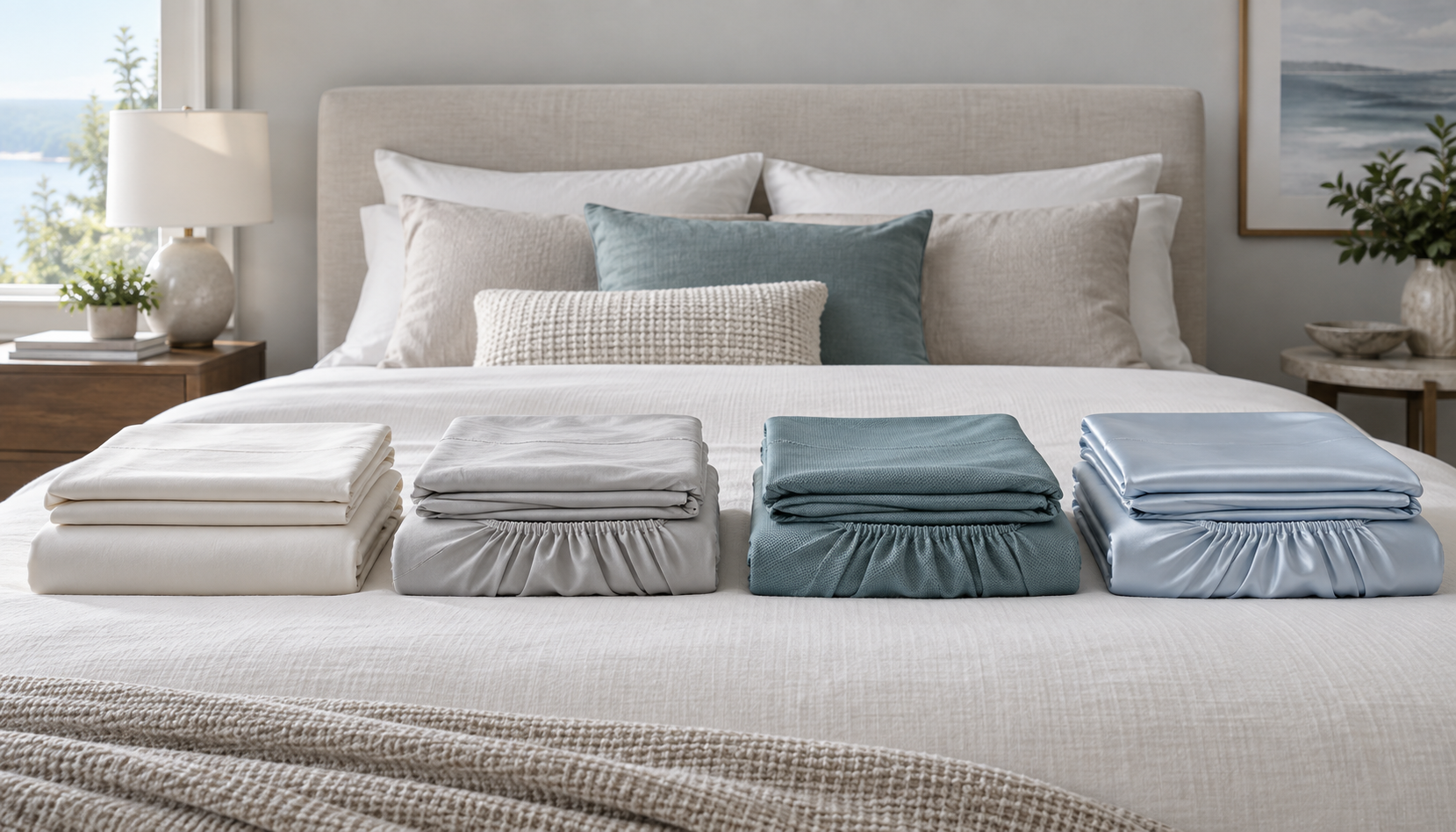Four folded sheet sets illustrating a progression from simple polyester to smooth blend, moisture-wicking knit, and cool-to-touch nylon