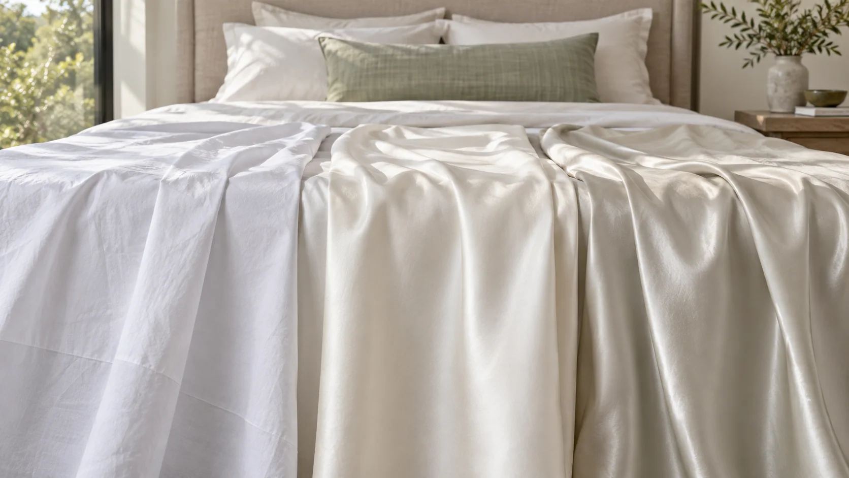 Demonstration of crisp cotton percale, smooth cotton sateen, and fluid bamboo-cotton sateen fabrics