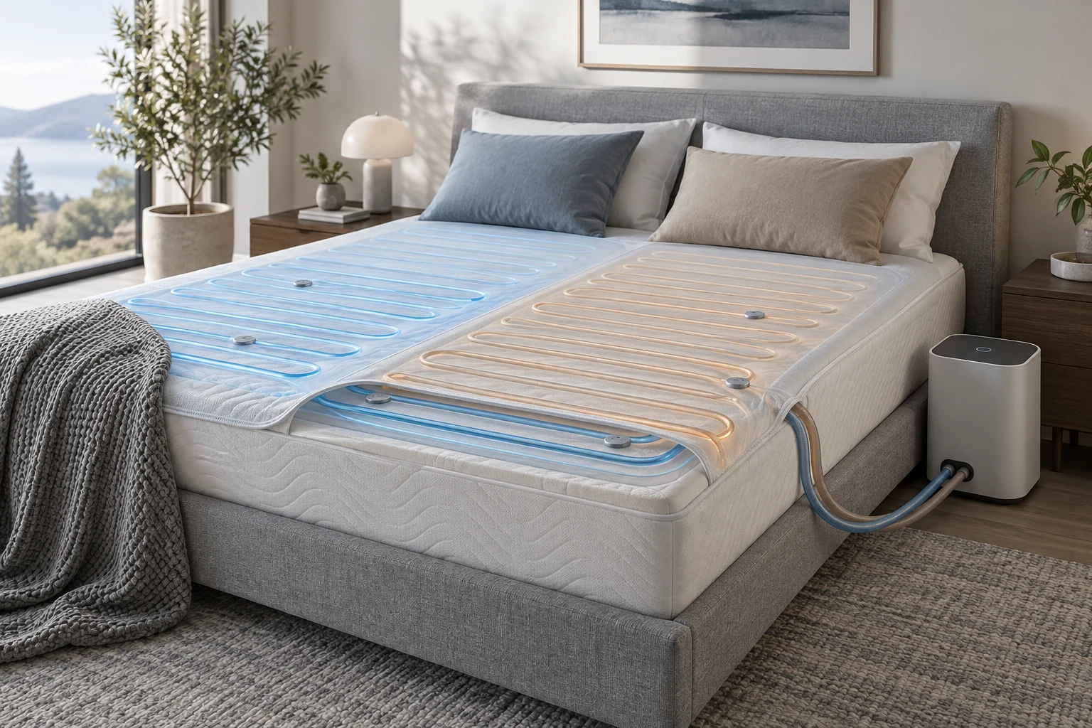 Demonstration of a thin dual-zone water-circulating mattress cover connected to a bedside hub