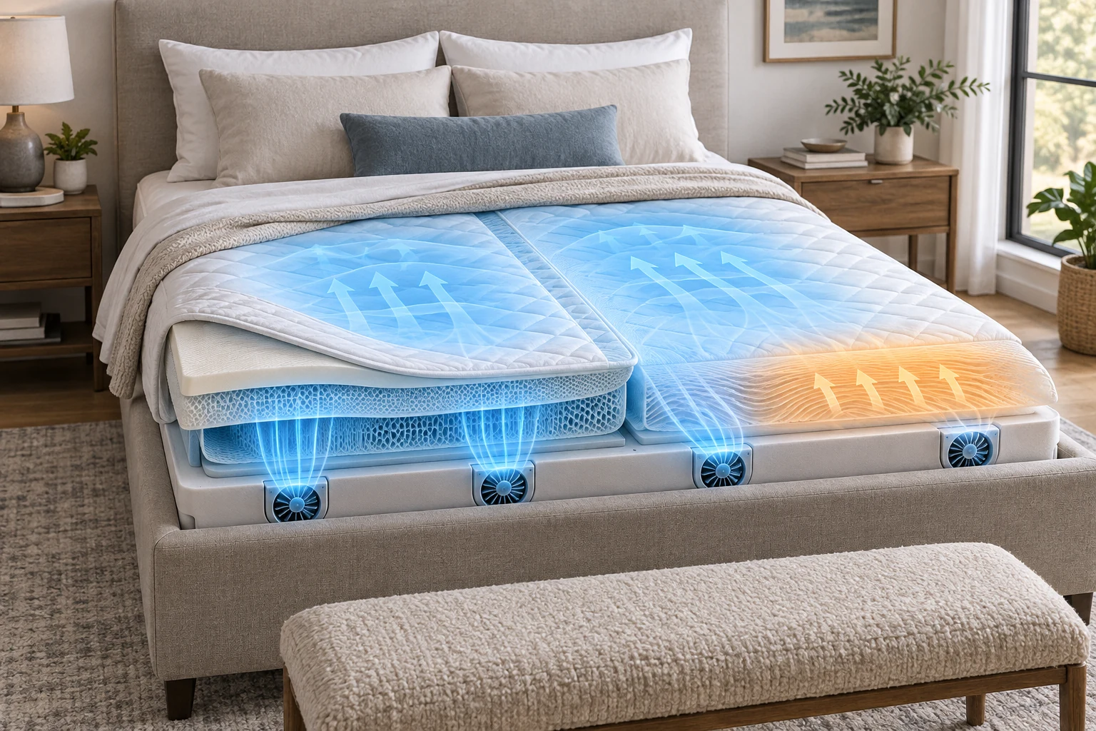 Demonstration of a two-inch climate topper with internal airflow channels, integrated fans, and separate partner zones
