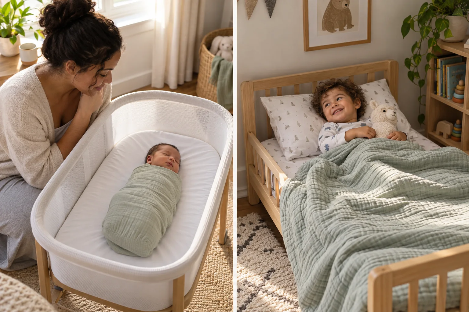 Demonstration of a newborn in a secure muslin swaddle beside an older toddler using a muslin quilt