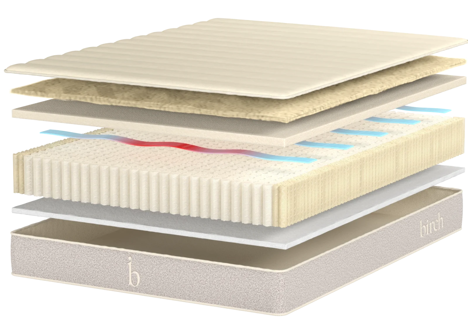 Official Birch Natural Mattress exploded construction showing cotton, wool, organic latex, and wrapped coils